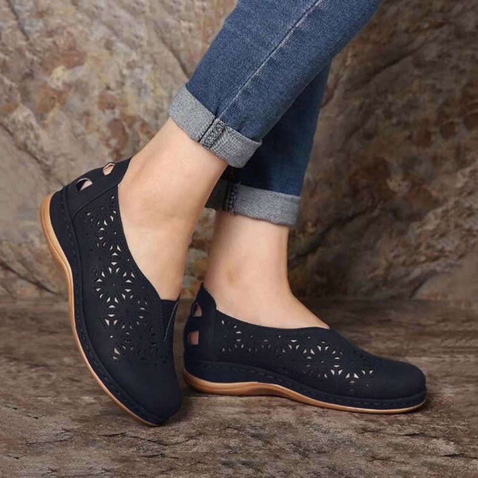 WIZUTIZ Flat Sandals for Women Hiking Sandals Women Comfort Running Elastic Hollow Out Sandals Pull-On Round Toe Shoes Mid Heel (2"-3") Wide Solid Sandals Anniversary Free Shipping Black