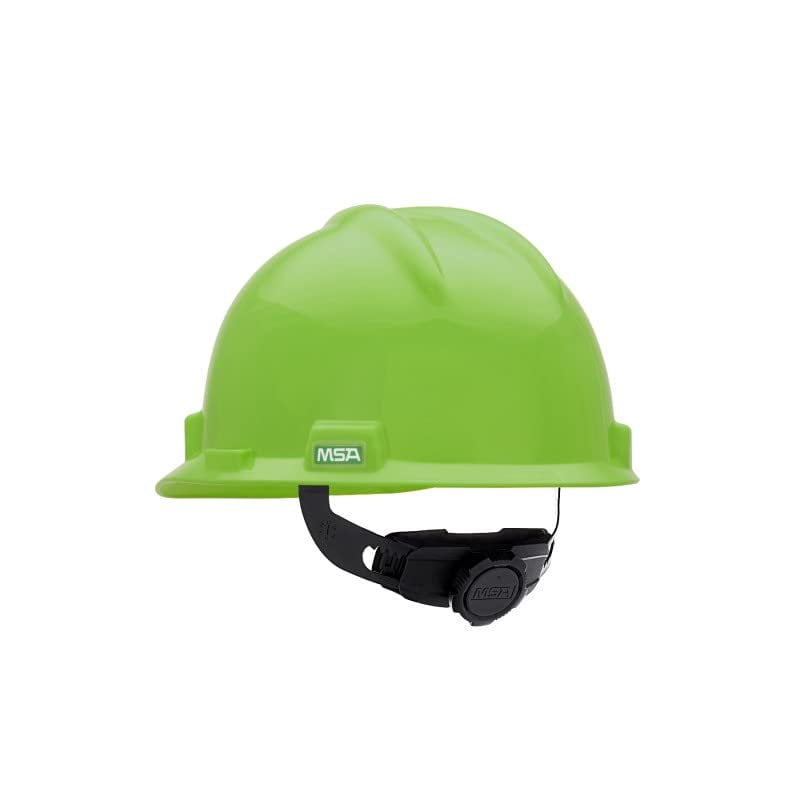 MSA 815565 V-Gard Cap Style Safety Hard Hat With Fas-Trac III Ratchet Suspension  Polyethylene Shell, Superior Impact Protection, Self Adjusting Crown Straps - Standard Size in Bright Lime Green