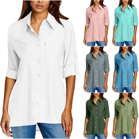 FRSASU Women s Long Sleeve Sun Protection Button Shirts Quick Dry Outdoor Fishing Hiking Travel Solid Shirt White XL(XL)