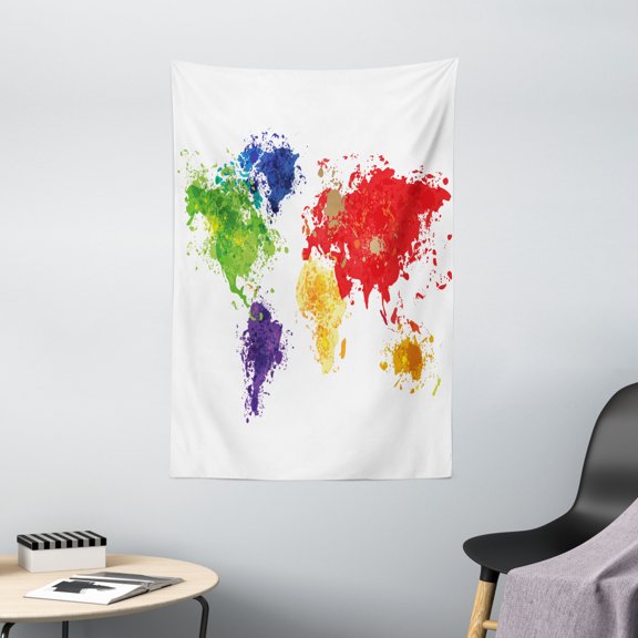 Map Decor Tapestry, Abstract Colorful World Map Illustration on White Background Print , Wall Hanging for Bedroom Living Room Dorm Decor, 40W X 60L Inches, Red Purple and Yellow, by Ambesonne