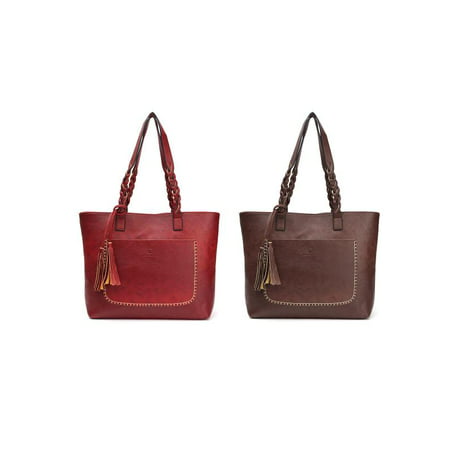 Fashion Women PU Leather Handbag Large capacity Tassels Shoulder Handbag Tote Purse Best Gifts For Girls Women Lady Ladies (Coffee,Wine (Best Leather Dye For Handbags)