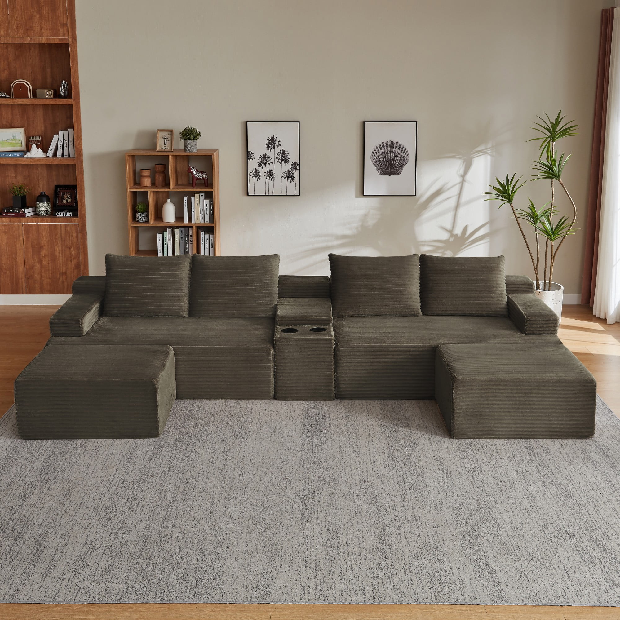 BSHTI 140.6" 5-Seat Corduroy U Shape Sectional Sofa with Cup Holder, Modular Design, No Assembly for Living Room（Brown）