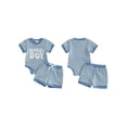 thumbnail image 2 of BemeyourBBs Infant Baby Boy Mama's Boy Outfit Newborn Boys Summer Clothes Waffle Knit Stripe Letter Embroidery Short Sleeve Romper Elastic Waist Shorts 2 Piece Set, 2 of 9
