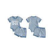 BemeyourBBs Infant Baby Boy Mamas Boy Outfit Newborn Boys Summer Clothes Waffle Knit Stripe Letter Embroidery Short Sleeve Romper Elastic Waist Shorts 2 Piece Set
