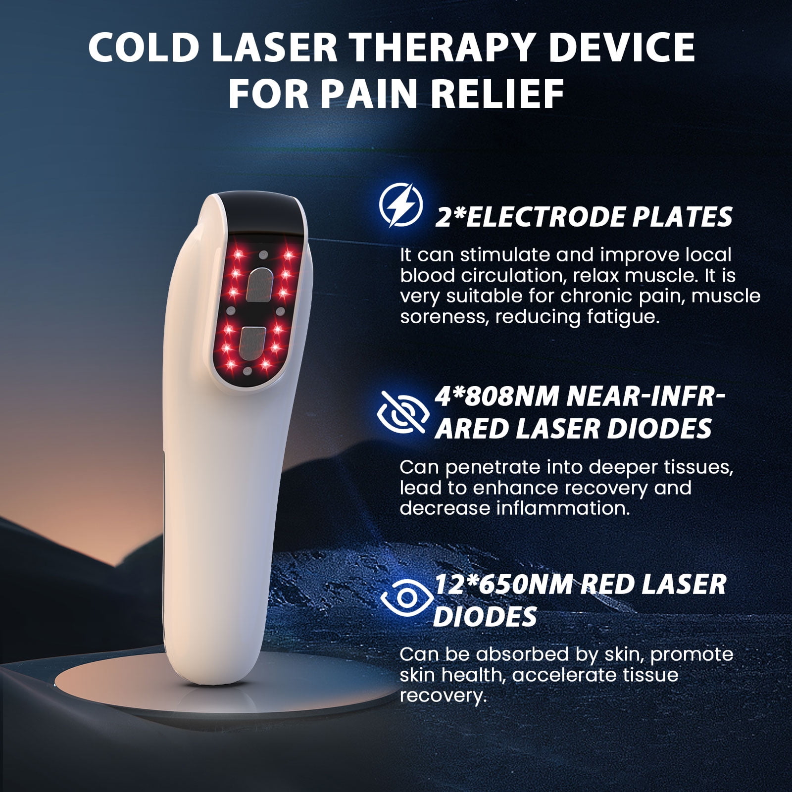 4X808Nm+12X650Nm Red Light Is Designed for Home Use, 2 in 1 Design,Handheld, With Fixing Strap, for Body and Limbs