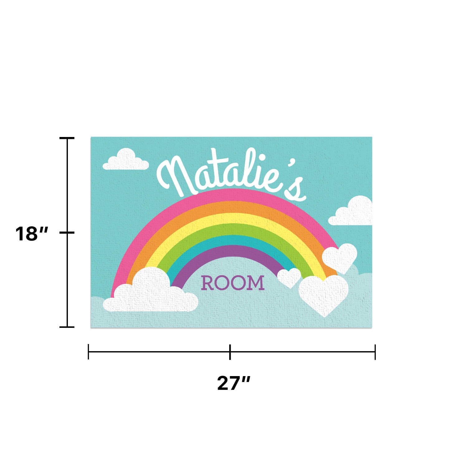Personalized Planet 27x18 Girls Rainbow Bedroom Doormat with Custom Name Printed on Blue Rectangular 1/4” Thick Non Slip Mat with Clouds and Hearts Design