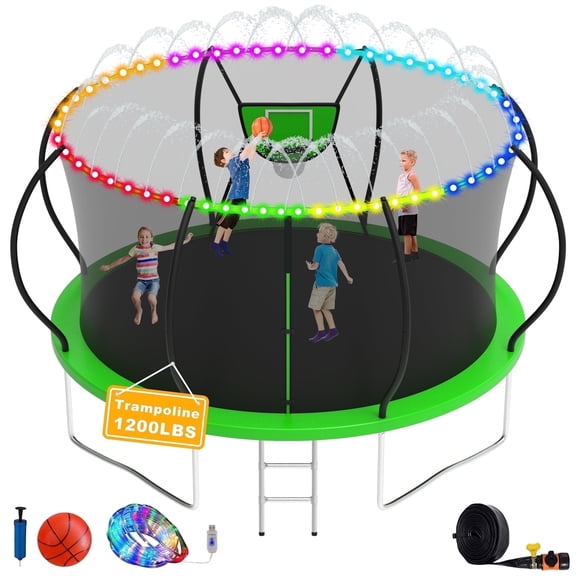 XMIKA Trampoline, 1200LBS 12FT Trampoline for 1-2 Adults/ 4-5 Kids, Trampoline with Enclosure Net, Basketball Hoop, Ladder, Light, Sprinkler, Backyard Outdoor Heavy Duty Trampoline, No Gap Design