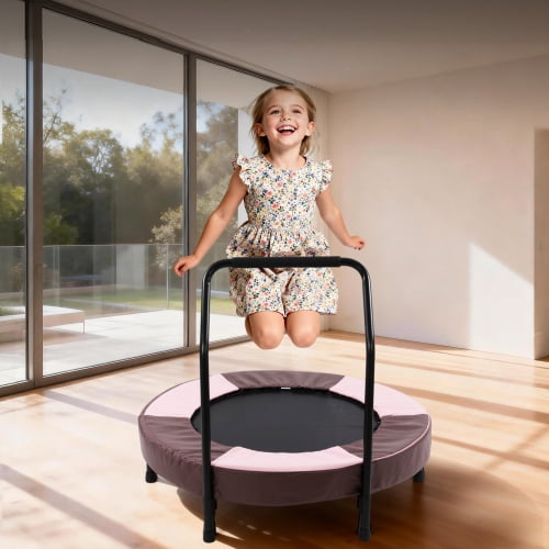 36 Inch Toddler Trampoline for Kids Ages 1–6, Foldable Mini Trampoline with Foam Handle Bar, Indoor Outdoor Rebounder for Toddlers, Safe Thickened Cover, Easy Assembly Small Fitness Trampoline, Pink