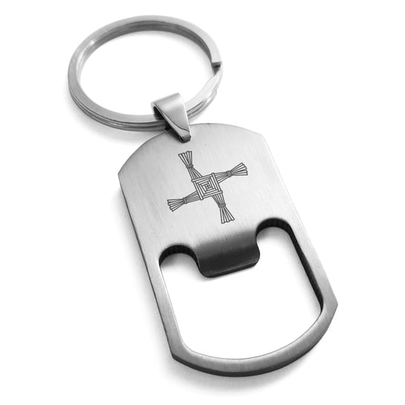 Tioneer Stainless Steel Celtic Saint Brigid Cross Engraved Bottle Opener Dog Tag Keychain Keyring