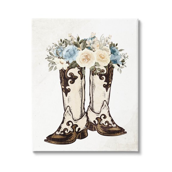 Cowboy Boot Mixed Flower Bouquet Botanical & Floral Graphic Art Gallery Wrapped Canvas Print Wall Art