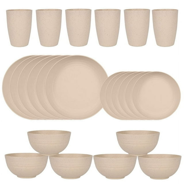 Nvzi 24pcs Wheat Straw Dinnerware Set,Plates and Bowls Set,Camping Dish Set for 6, Plastic Dinnerware Set,Dishwasher Safe Dinnerware Set,Beige