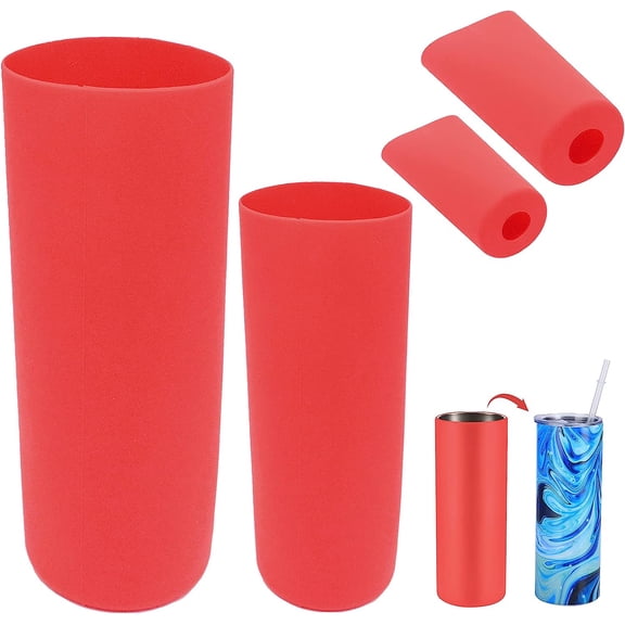 2Pcs 2 Styles Seamless Silicone Sleeve 30oz Reusable Insulated Cup Sleeves Sublimation Tumbler Wrap Mug Clamp Sleeve Fixture for Full Wrap Tumbler Cups Home Glassware Accessories Red