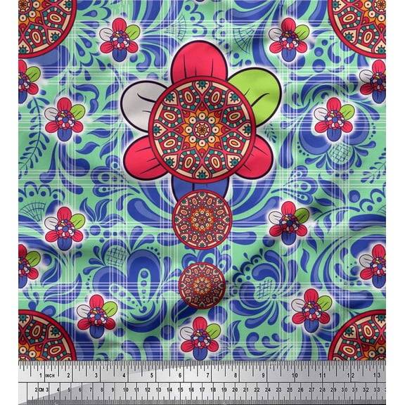 Soimoi Cotton Duck Fabric Check & Mandala Floral Decor Fabric Printed Yard 42 Inch Wide