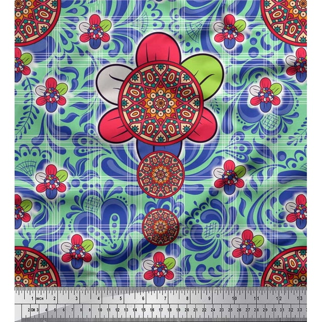 Soimoi Cotton Voile Fabric Check & Mandala Floral Print Fabric by Yard 56 Inch Wide