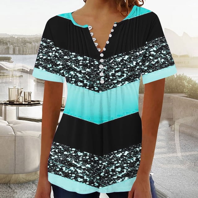 Blouses pour Femmes Imprimé Col en V Boutonné Haut Court
