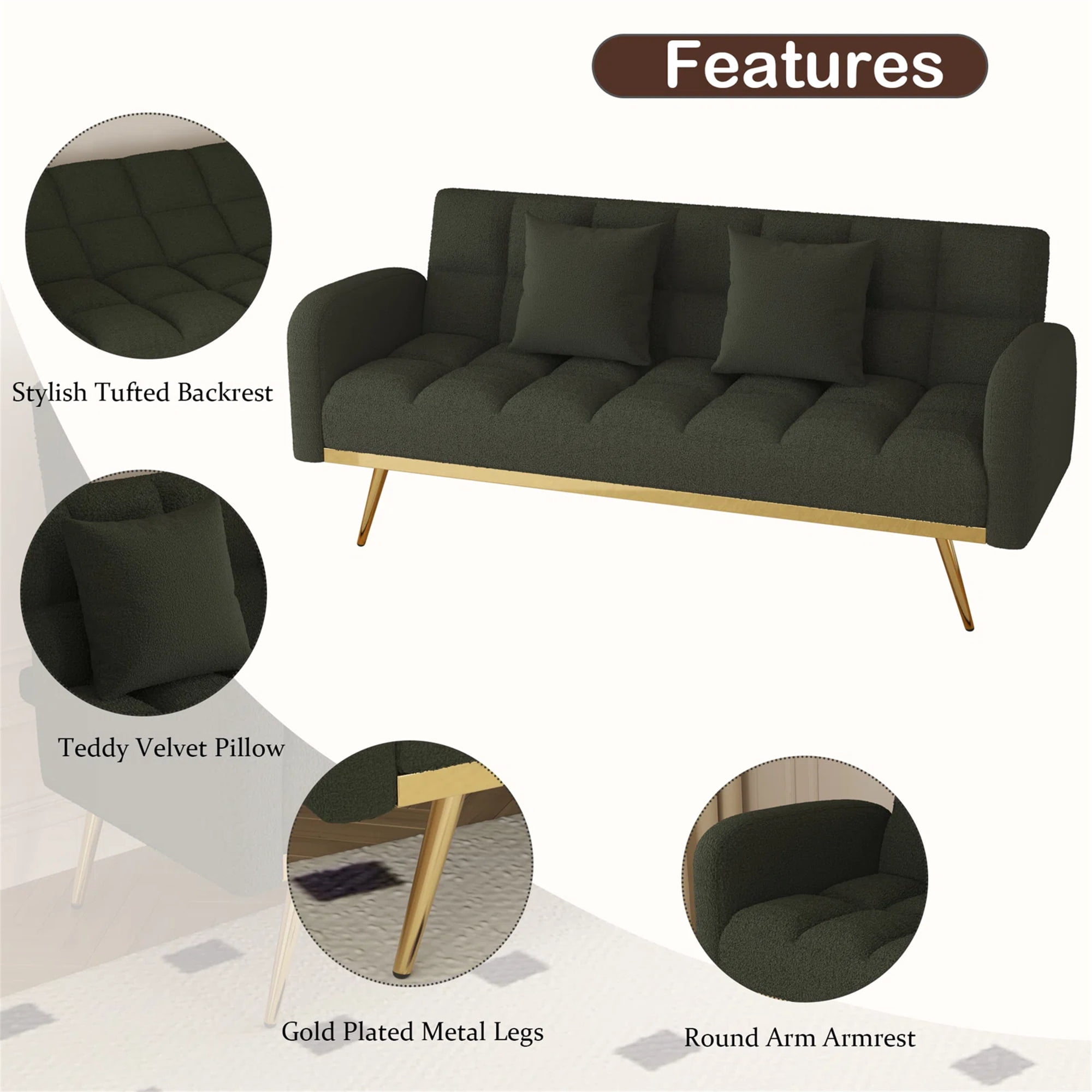 Aukfa Square Tufted Futon Convertible Sofa Bed for Home Office, 2 Pillows, Teddy Fleece, Green