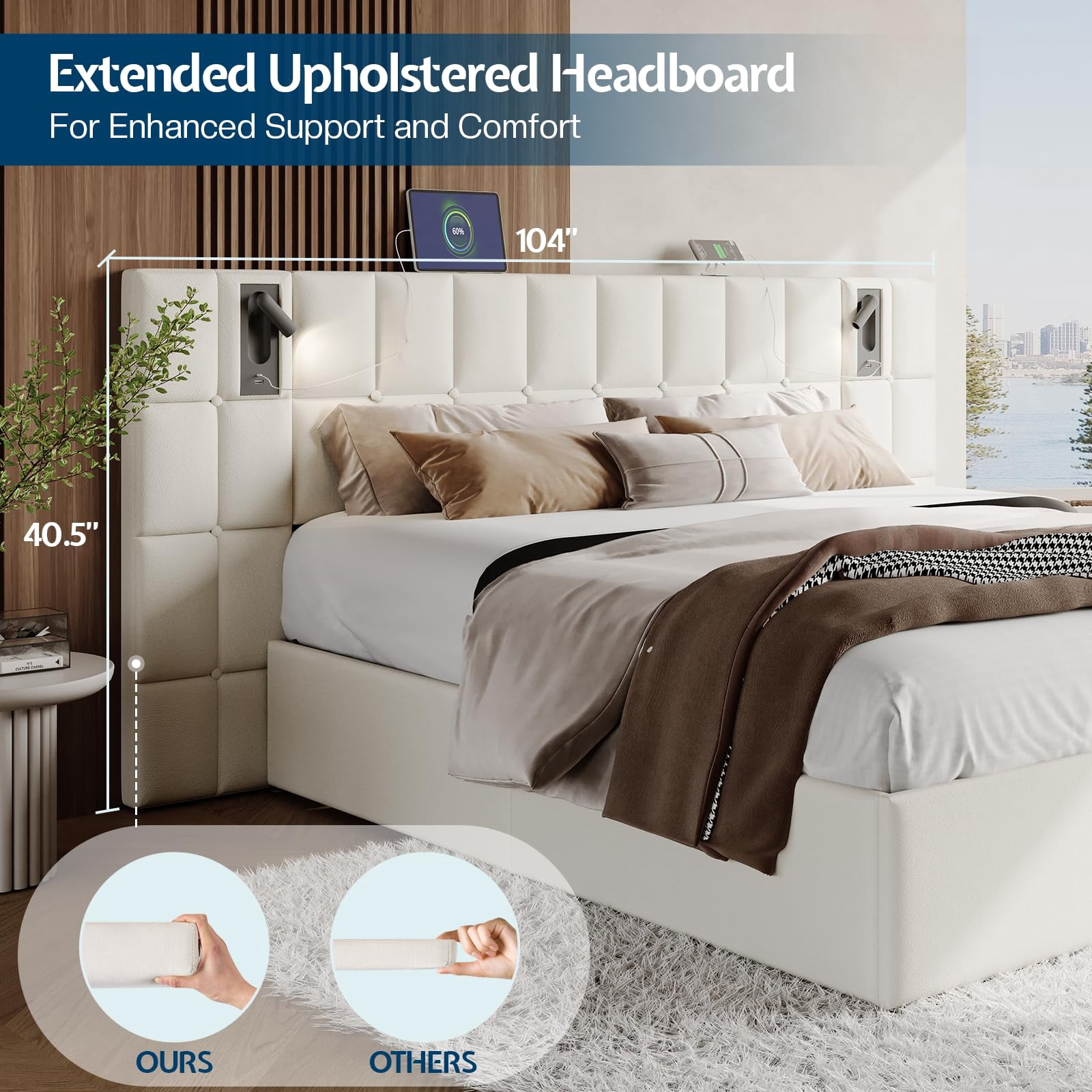 Merluxy King Size Upholstered Bed Frame with Widened Headboard,Lift-Up Storage Bed and Built-In Reading Light, Velvet Platform Frame,Cream