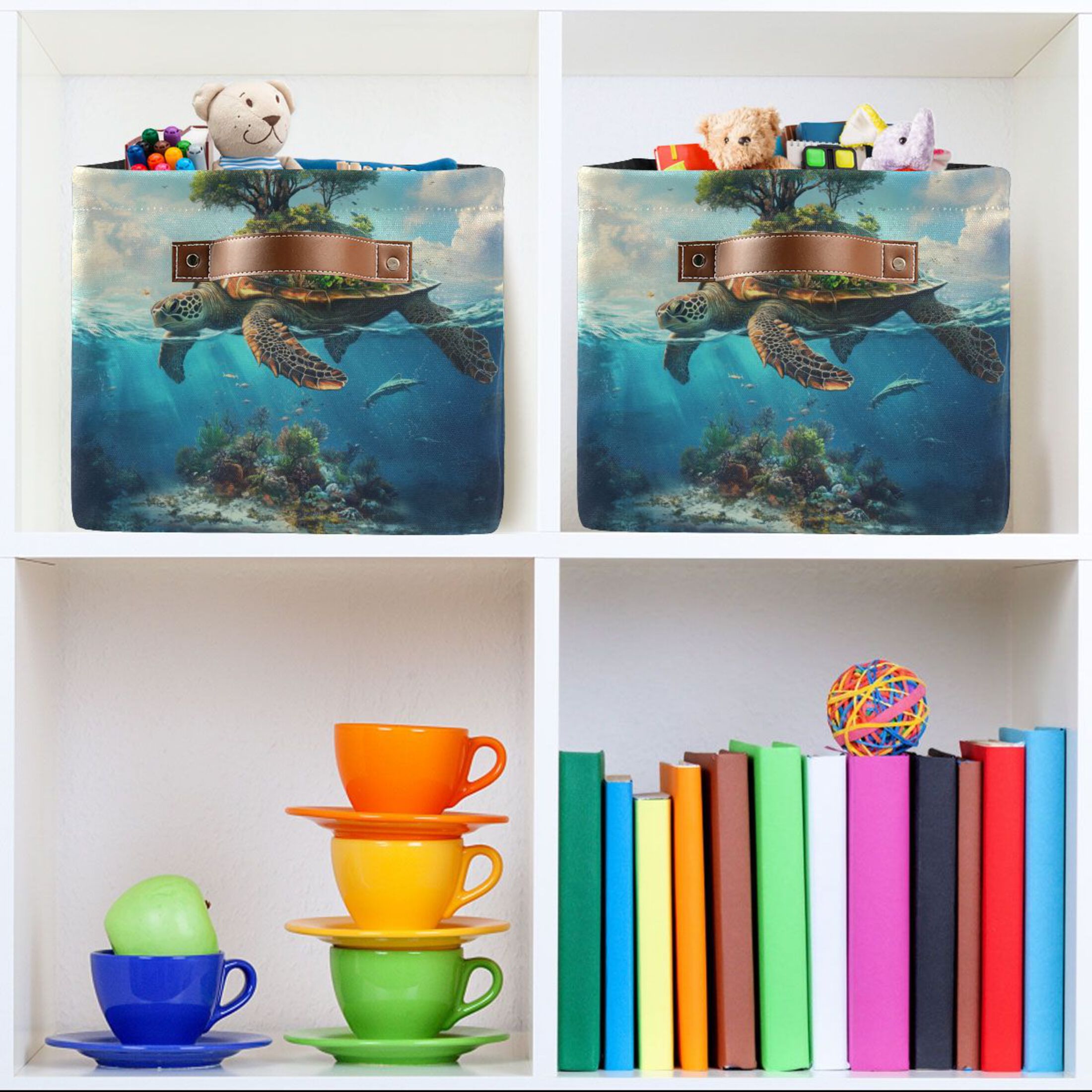 Sea Turtle Carrying Island Foldable Storage Basket,Canvas Fabric Foldable Storage Bins with Handles Open Home Storage Bins Boxes for Toy Book Shelf Closet Baskets