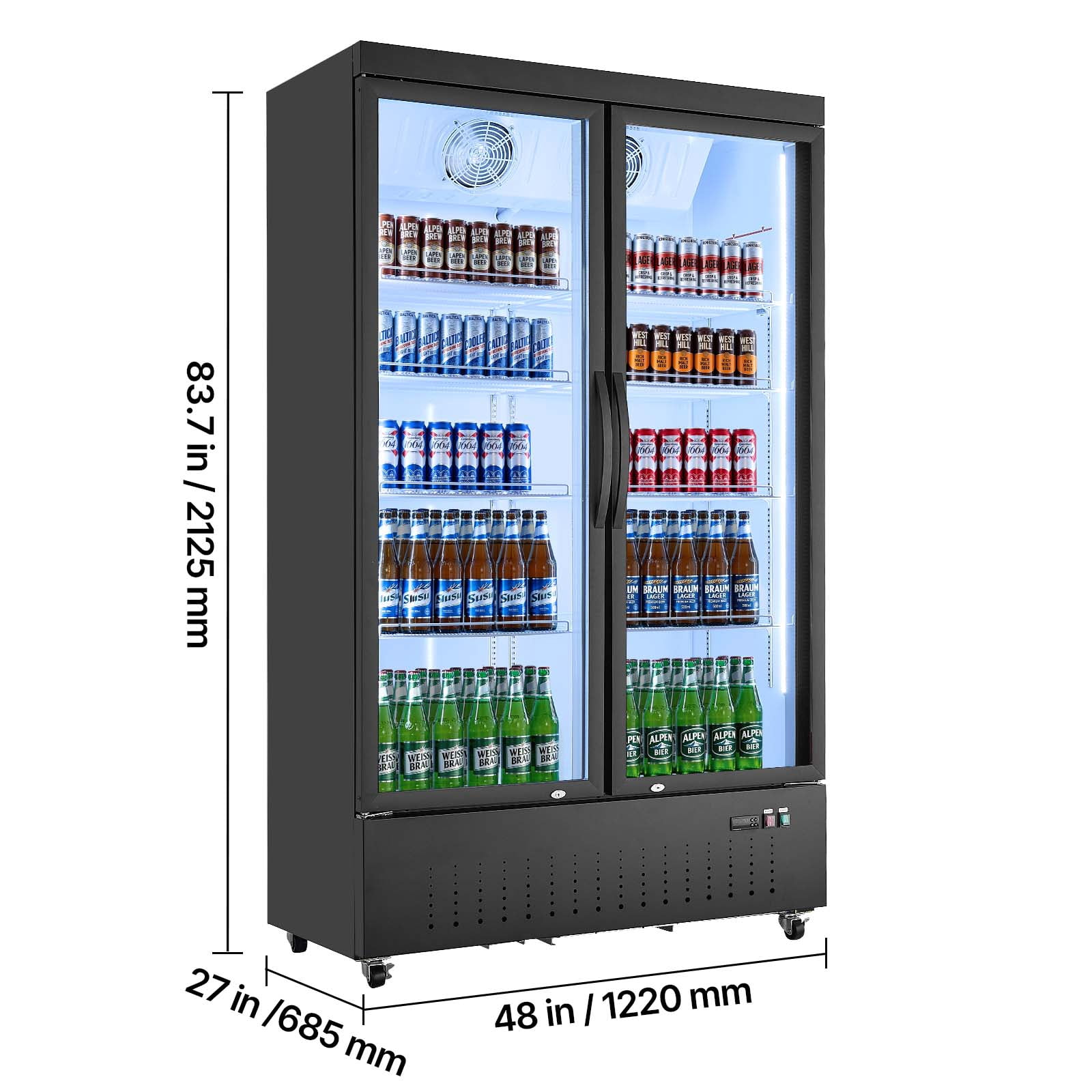 KFFKFF Commercial Merchandiser Refrigerator, 29.3 Cu.Ft / 830L Upright Cooler with Dual Glass Doors, 8 Adjustable Shelves, LED Lighting & Casters for Bars, Stores, and Supermarkets