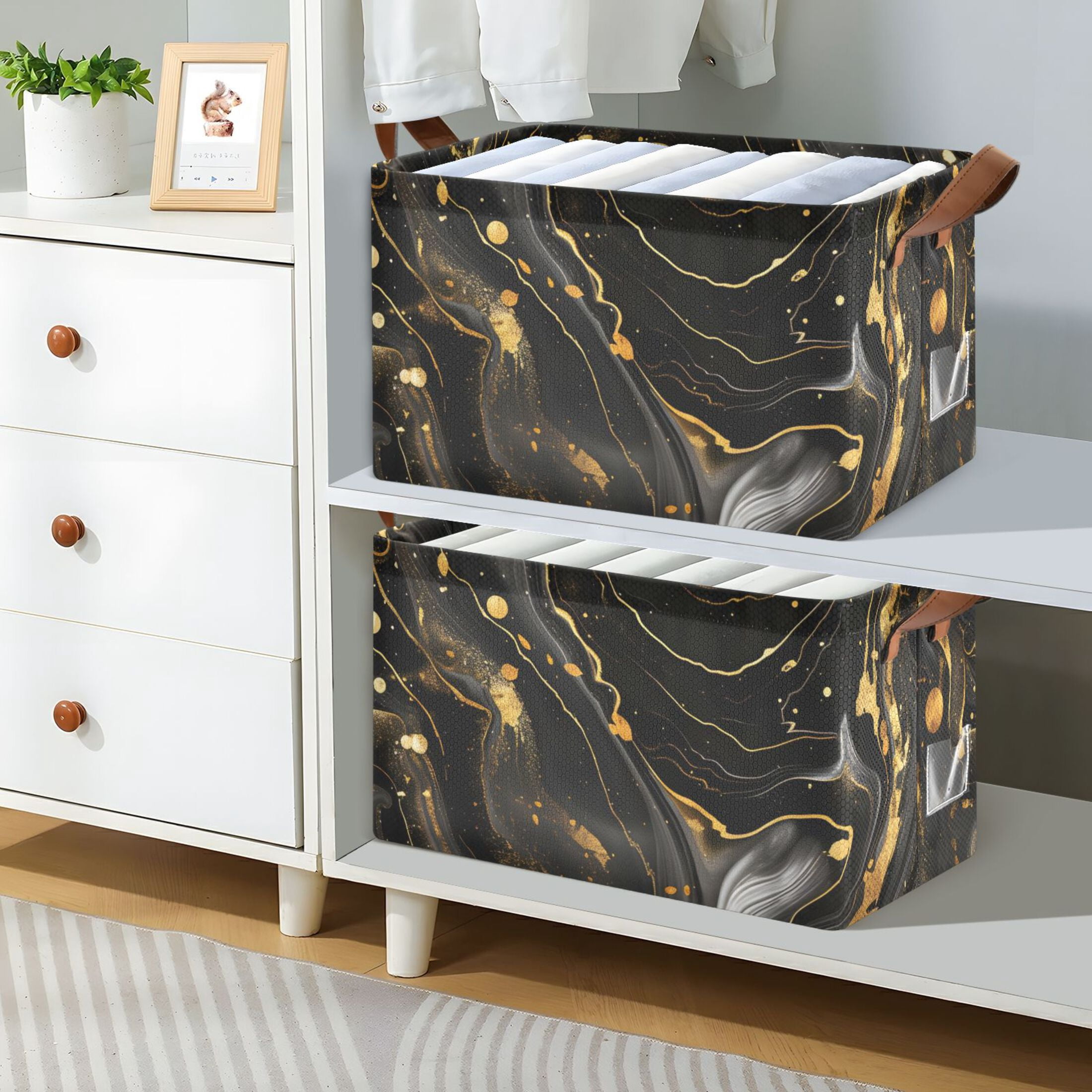 Ryvnso Luxury Black and Gold Marble Storage Bins Large Basket Foldable Cube Toys Organizer with Handles 2 PCs
