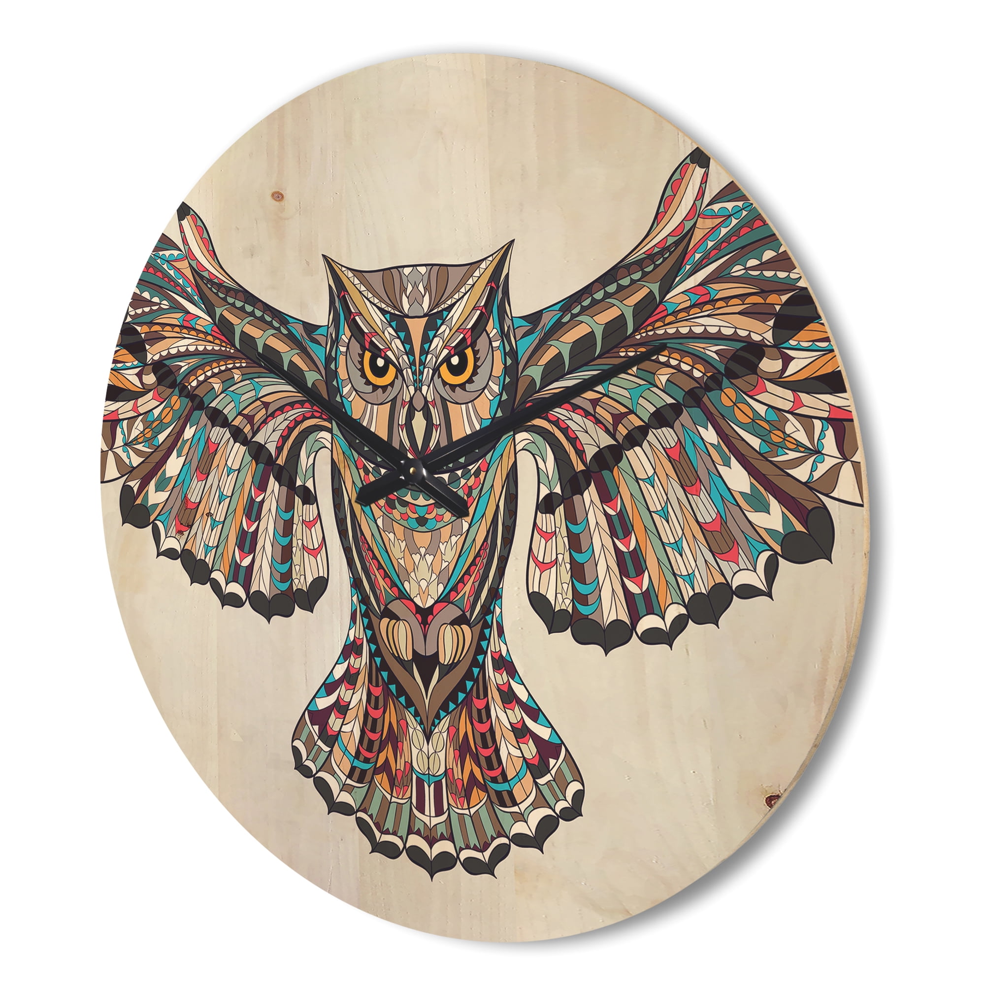 Designart 'Owl on the Grudge Pattern' Modern Wood Wall Clock