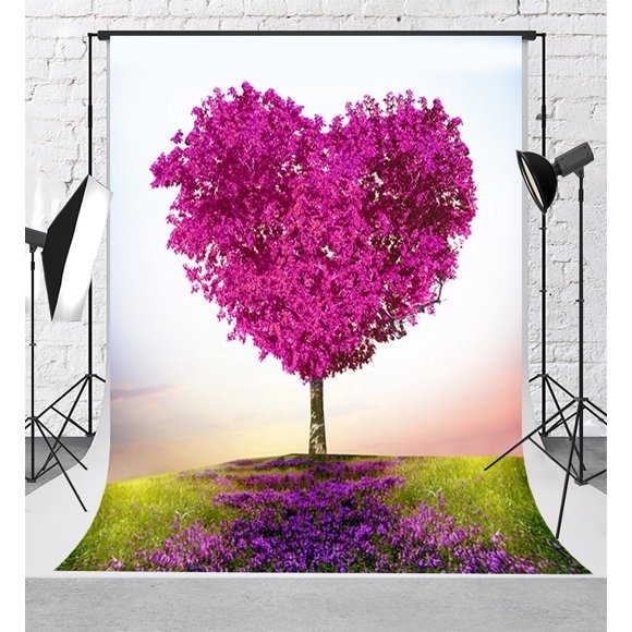 EREHome Polyester Fabric Valentine Backdrops for Photography Natural Scenery Pink Tree Background Love Pattern Backdrop 5x7ft