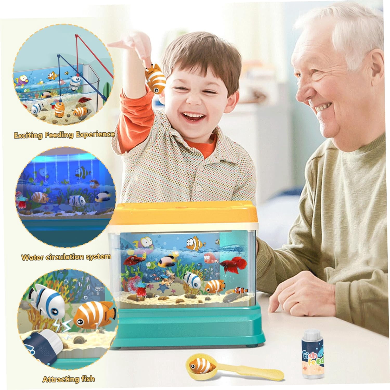 Fish Tank Play Set,Aquarium toys for kids,Magnetic Realistic Interactive Feeding Toy Fish Tank,Artificial Mini Aquarium,Toy with USB Light & Music,Gift For Children