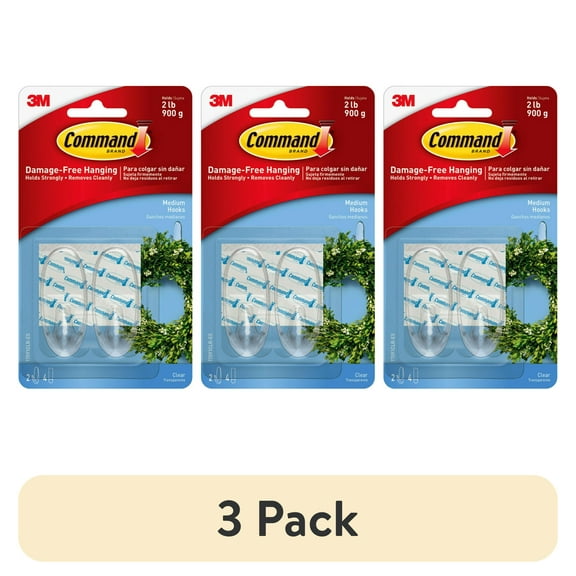 (3 pack) Command Medium Wall Hooks, Clear, Damage Free Hanging of Decorations, 2 Hooks