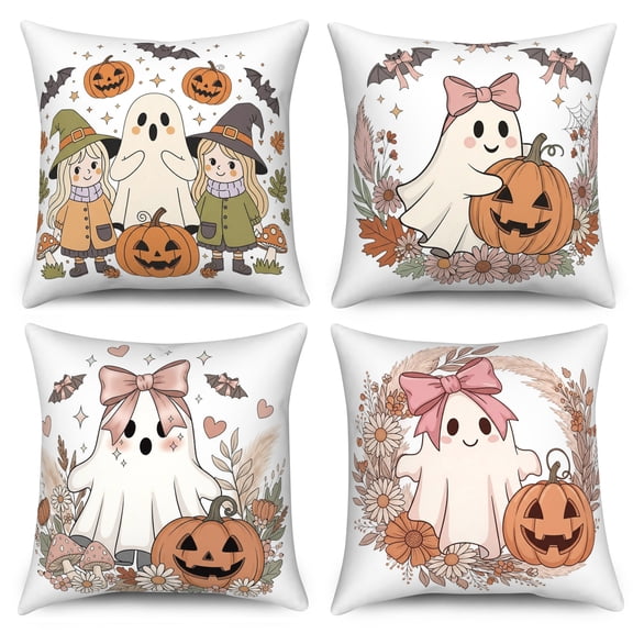 DaShan Halloween Throw Pillow Covers 18x18 Set of 4,Ghost Pumpkin Decorative Pillow Cases for Bedroom Sofa Couch