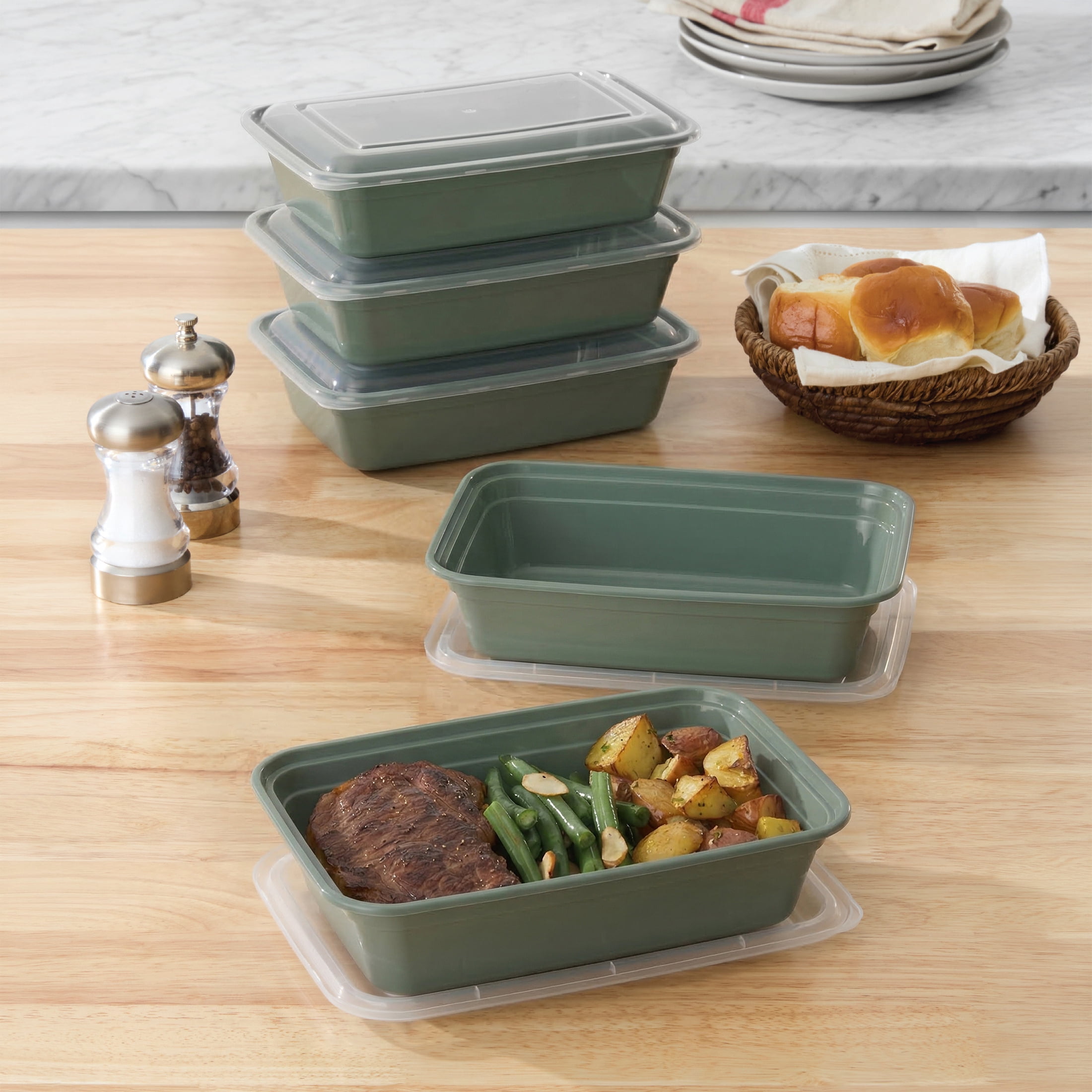 Mainstays 5-Pack 1-Compartment BPA-Free Plastic Meal Prep Food Storage Containers, 1 L, Green Sage