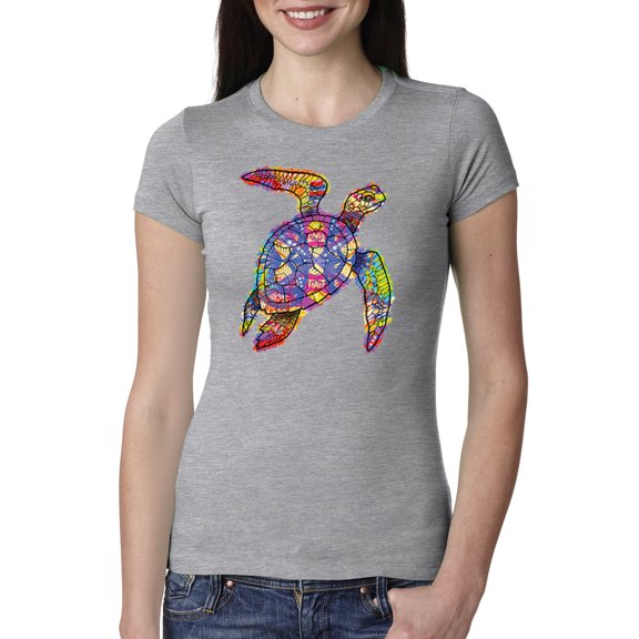 Colorful Rainbow Sea Turtle Animal Lover Womens Slim Fit Junior Tee, Heather Grey, Small