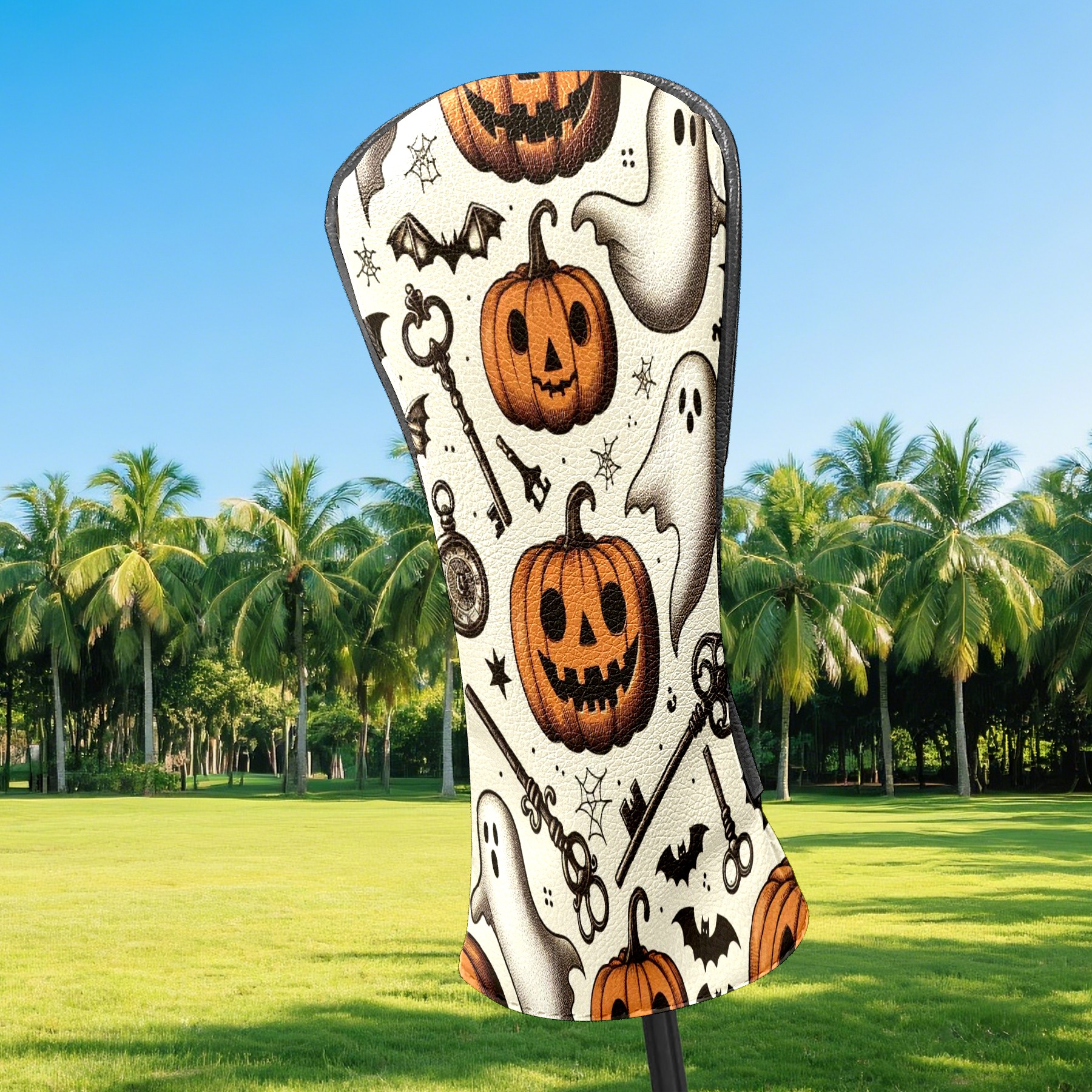 Golf Club Covers, Brown Pumpkin Ghost Key Premium PU Leather Driver Hybrid Putter Head Covers with Velvet Lining, Waterproof Golf Gifts for Men Women