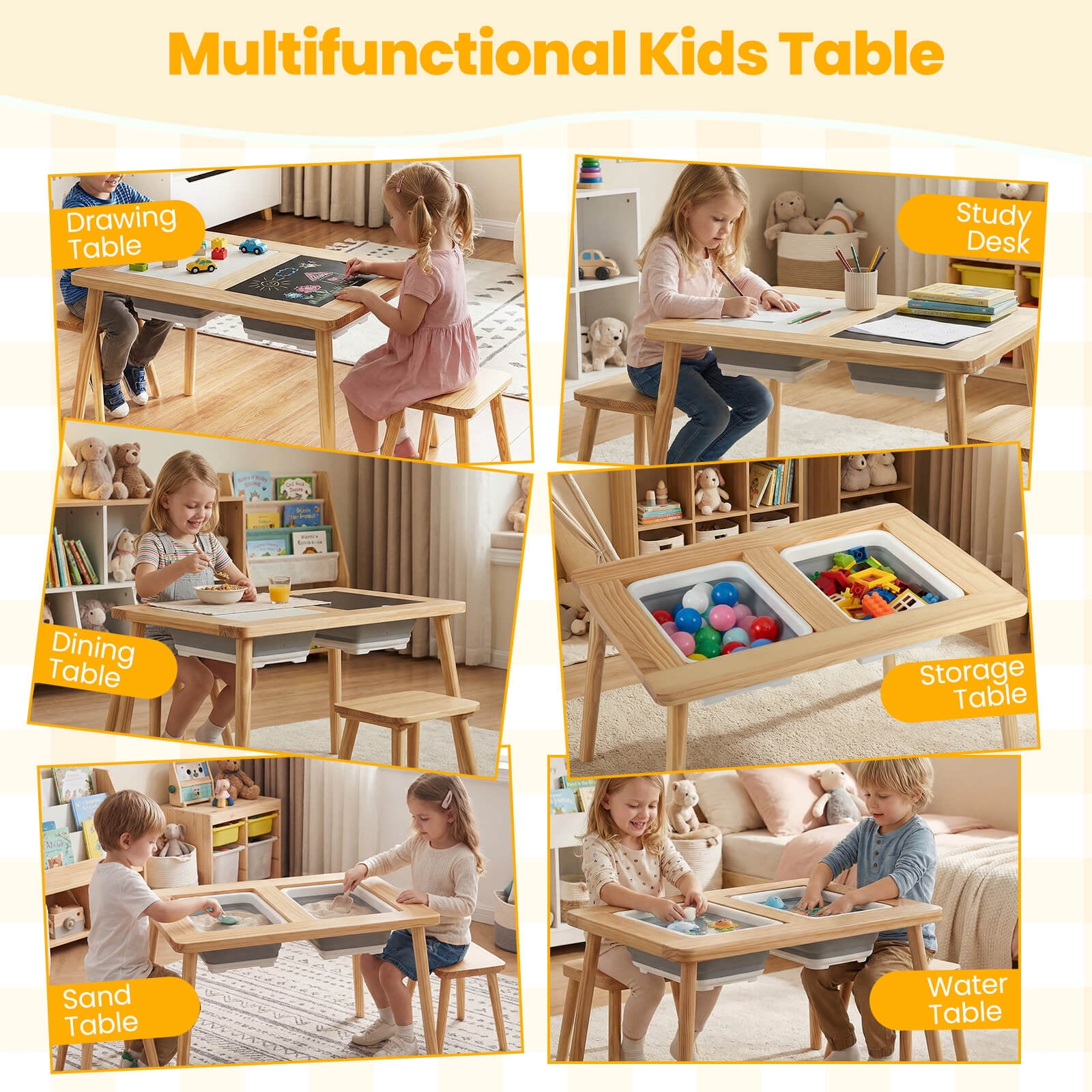 Costway Sensory Table Kid’s Table and Chairs Set with Detachable Double-Sided Tabletops Natural + White + Black