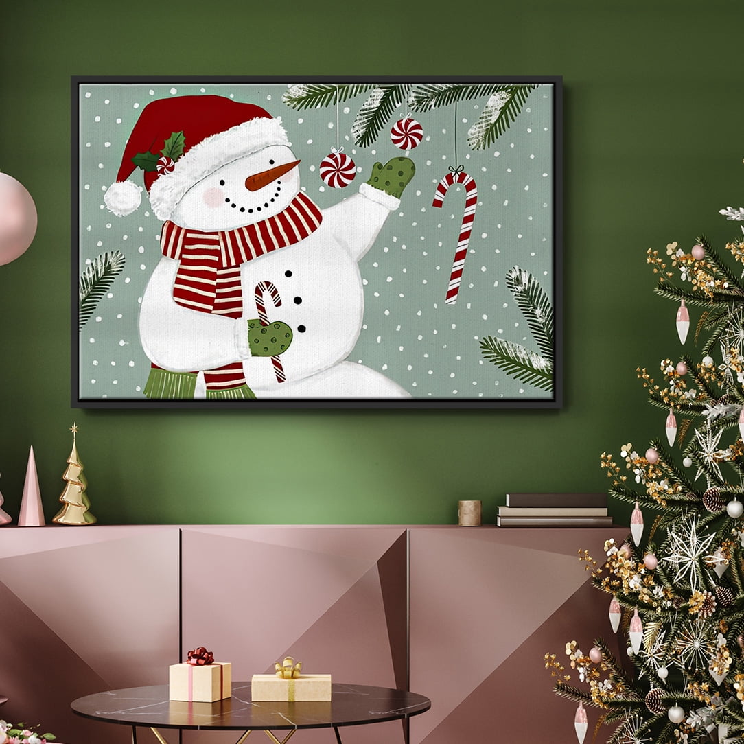 Peppermint Snowman Collection A - Framed Gallery Wrapped Holiday Canvas - 27 x 41 - Black Frame