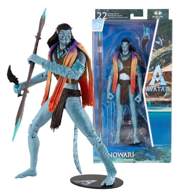 mcfarlane avatar figuras de acción coleccionables película juguetes jake neytiri coronel miles quaritch05noboxninguna caja Figura Neytiri de 18 cm en vista 3/4 con lanza y base; piel azul con pintura facial, paños naranja y morado en el torso, articulaciones visibles y empaque blister transparente con figura adicional y arte de la película. También suele usarse como pieza de exhibición en colecciones de figuras de acción.