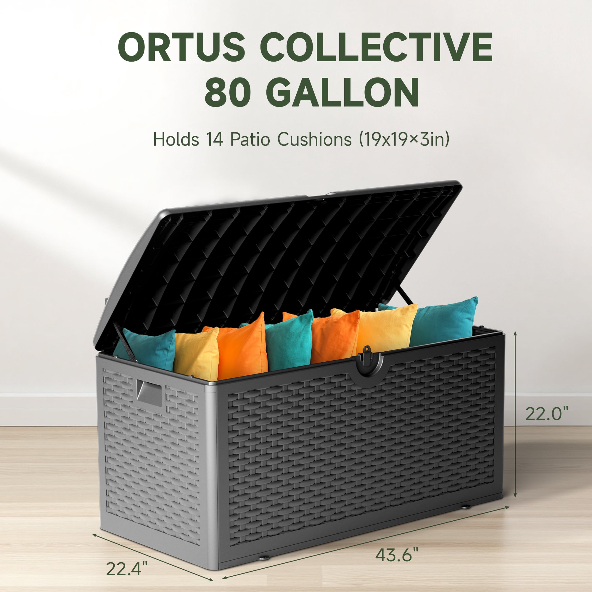 Ortus Collective 80-Gallon Weatherproof Resin Storage Chest, Secure Lockable Design for Outdoor Cushions, Patio Accessories, and Garden Supplies, Black
