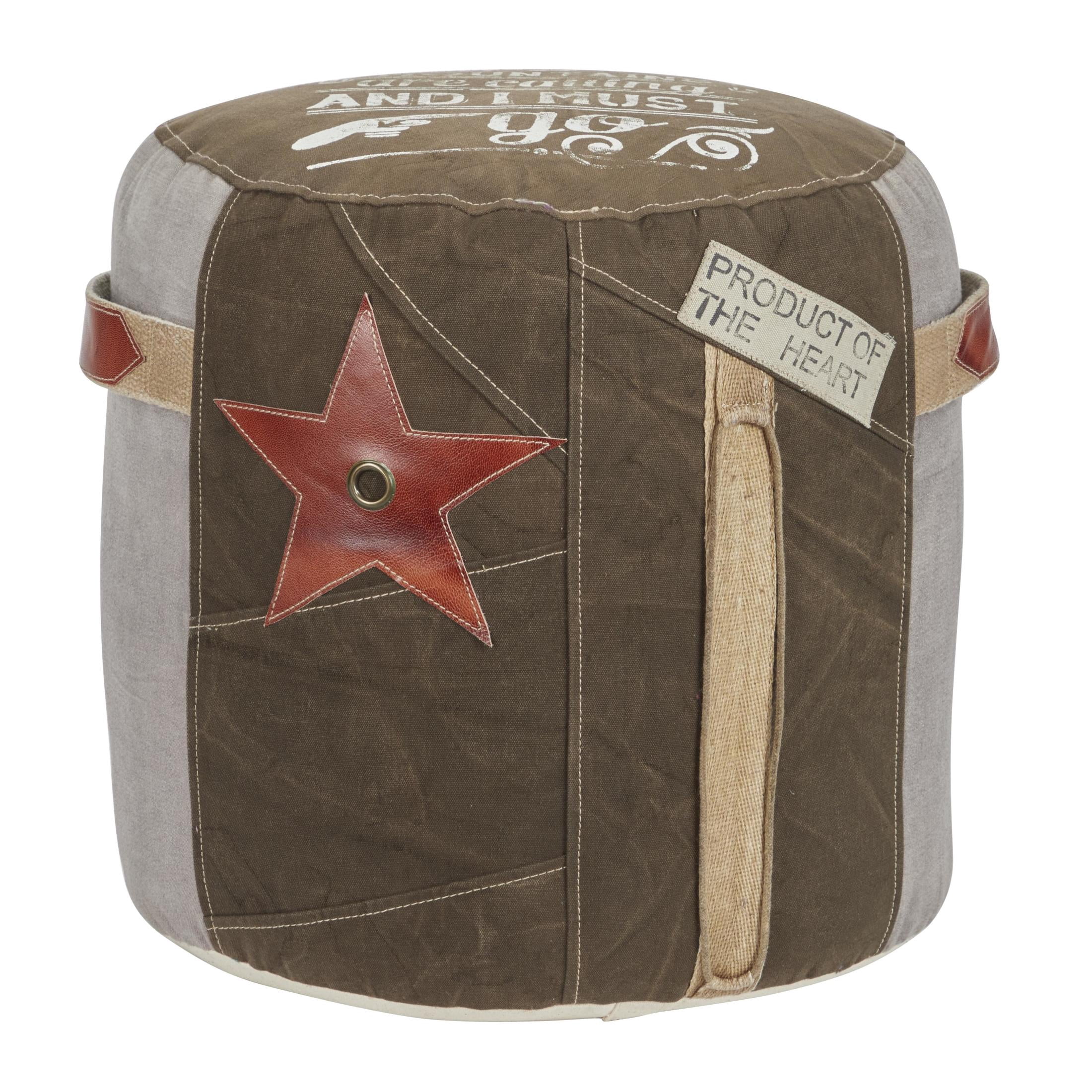 DecMode Abstract Adventure Brown Canvas Star Pouf with Gray and Leather Accents