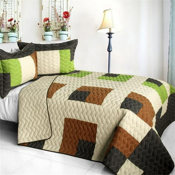 Initial Dream - 3 Pieces Vermicelli - Quilted Patchwork Quilt Set  Full & Queen Size - Brown