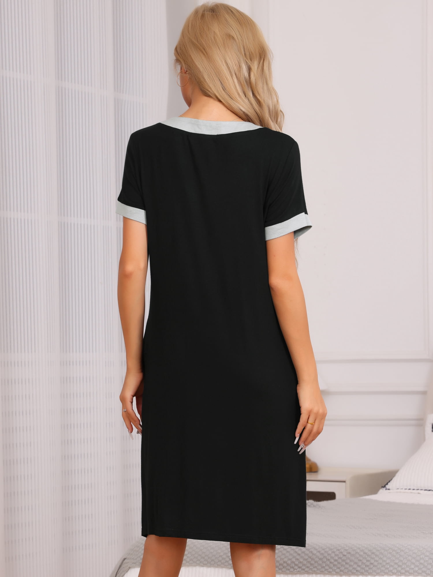DARING DIVA Women's Zipper Front Short Sleeves Zip Up Sleepwear with Pockets S Black