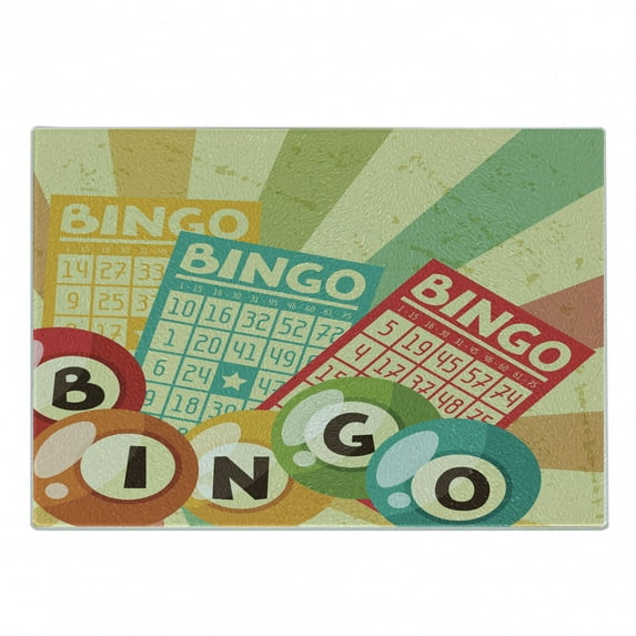Vintage Cutting Board, Bingo Game with Ball and Cards Pop Art Lottery Hobby Celebration Theme, Decorative Tempered Glass Cutting and Serving Board, Small Size, Multicolor, by Ambesonne