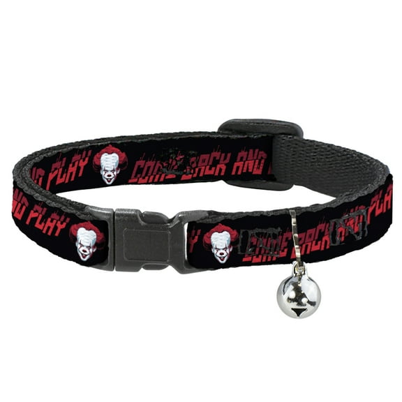 IT Breakaway Cat Collar With Bell, Plastic Clip, Easy Adjustable, It Chapter Two Pennywise Face Come Back and Play Black Reds, 8.5 to 12 Inches 0.5 Inch Wide