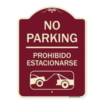 SignMission Designer Series Sign - No Parking Prohibido Estacionarse (With Car Tow Graphic) | Burgundy 18" x 24" Heavy-Gauge Aluminum Architectural Sign | Made in the USA