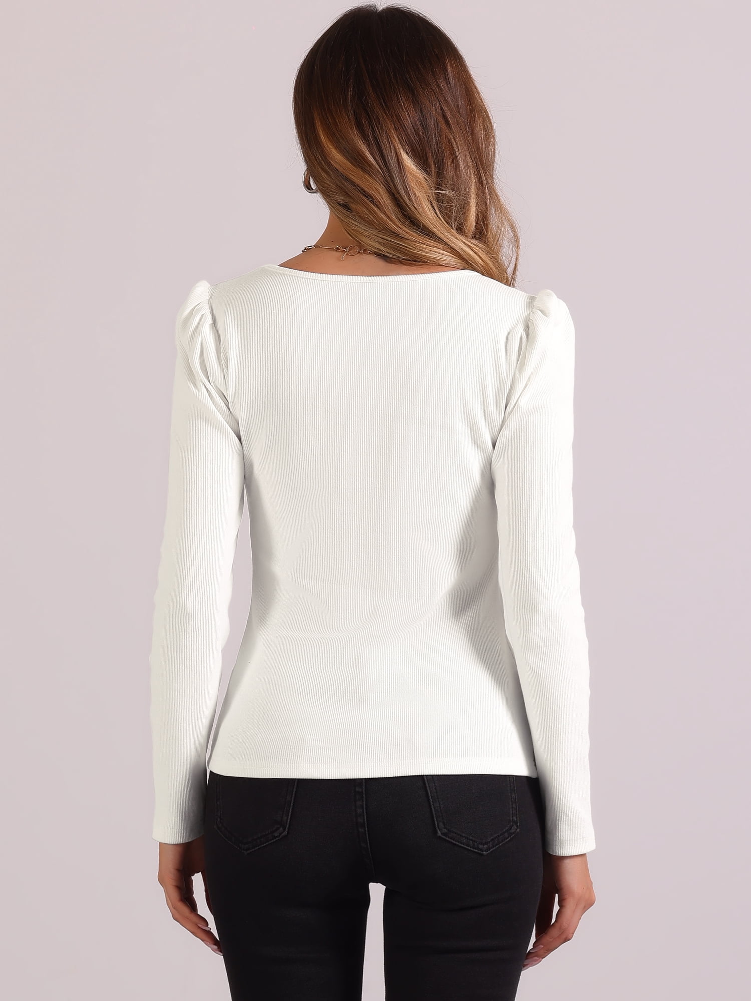 DARING DIVA Women's Square Neck Top Long Sleeves Ribbed Knit Tops M White