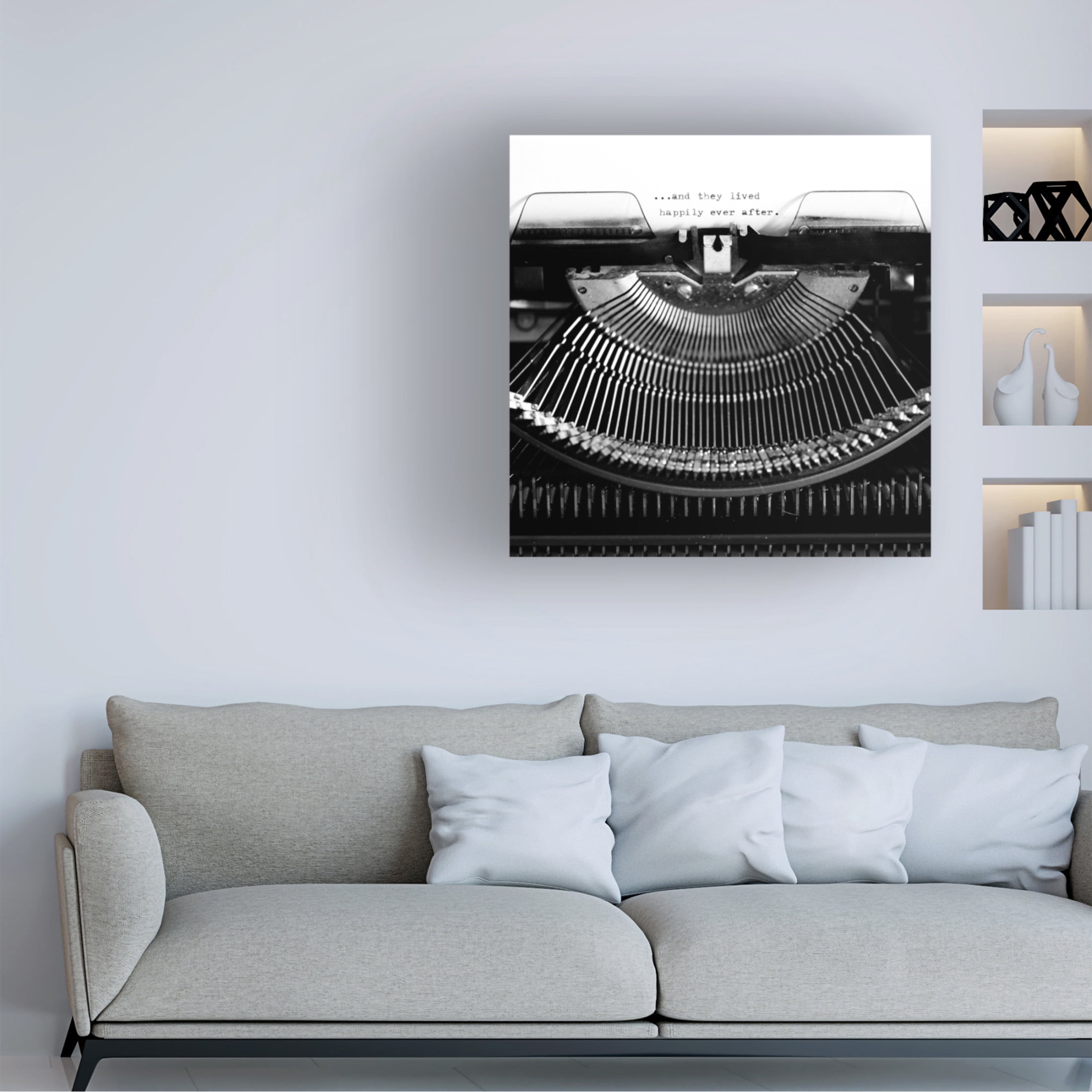 Canvas Wall Art - Tom Quartermaine 'Black and White Typewriter And They Lived Happily Ever After' Wall Art for Living Room, Bedroom, or Office Décor by Trademark Fine Art - 35 x 35 Inches