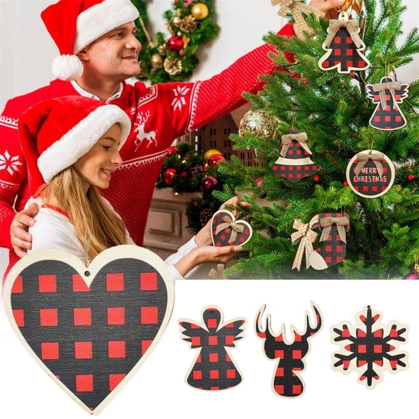 Set clásico de adornos navideños de madera roja • 40g • Cuadros, campanas, copos de nieve y diseños de árboles • Cuerda de cáñamo para colgar • Árbol festivo y decoración del hogar