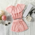 thumbnail image 4 of Odeerbi Baby Boy Girl Clothes Toddler Outfit 2025 Fashion Cute Solid Color Off Shoulder Ruffles Top Bow Shorts Suit Pink, 4 of 9