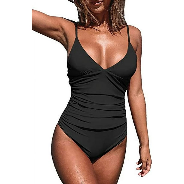 Women's XL-One Piece Swimsuit Deep V-Neck Adjustable Spaghetti Straps  Ruched Front Low Back Swimsuit