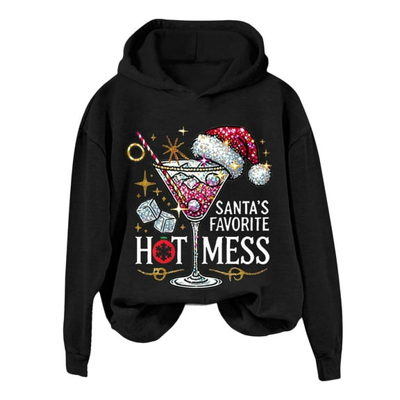 Fiaer Santa's Favorite Sweatshirt Merry Christmas Sweatshirt Women Funny Glass Graphic Crew Neck Pullover Long Sleeve Loose Fit Tops Black XL
