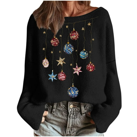 Oksale Sparkly Christams Sweaters Pullover for Women Trendy Boat Neck Xmas Sweater Soft Comfortable Tunic Tops for Holiday Black S