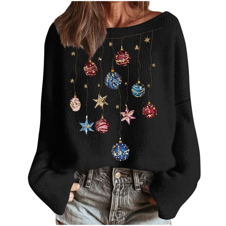 yardsong 2025 Christmas for Women Fall Pullover - Boat Neck Long Sleeve Imitation Knit Xmas Holiday Sweatshirt Black XL